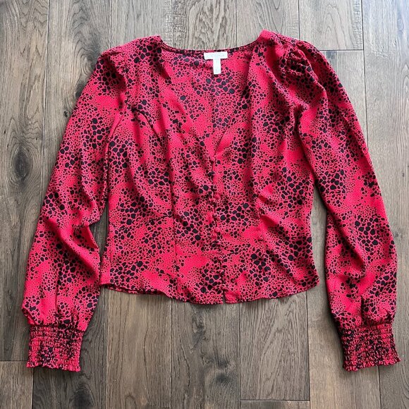 Leith Whimsigoth Red Black Snakeskin Print Blouse Size S Button Front Crepe - Picture 1 of 6
